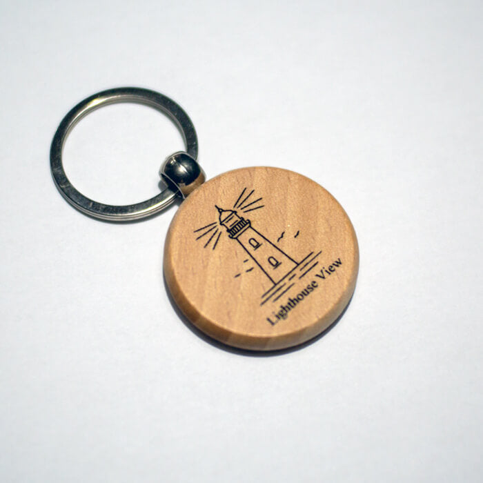Round Wooden Keyring - Lighthouse View